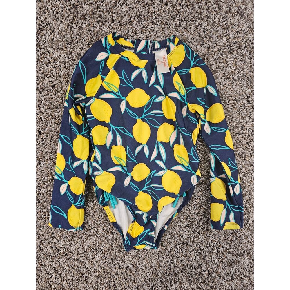 Cat & Jack Toddler Girls Sz 5T Long Sleeve One Piece Swimsuit Lemon Print Blue